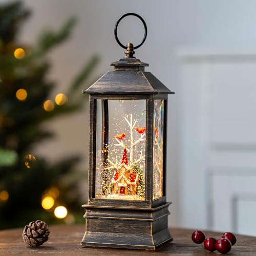 10'' Christmas Snow Globe Lantern Lighted Christmas Village Church Scene Musical Water Lantern with Swirling Glittering Home Decoration and Gift