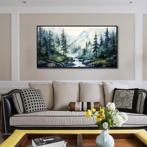 Large Black Framed Wall Decor For Living Room Canvas Wall Art For Office Modern Wall Decorations For Bedroom Misty Forest Painting Tree landscape Pictures Artwork Home Decor 24x48 In