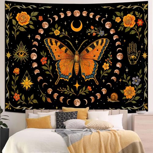 Moon Phase Butterfly Floral Wall Tapestry