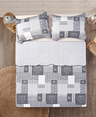Grey Heart Love & Lace Floral Patchwork Quilt Set