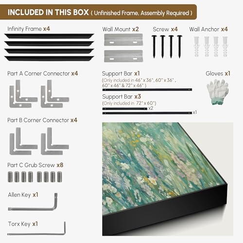 36"x60" Extra Large Framed Wall Art Wildflower Meadow Landscape Soft Pastel Nature Illustration for Home Living Room Bedroom Decor