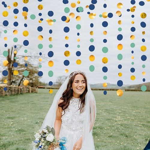 Blue Gold Green Decorations Circle Dots Garland Metallic Gold Navy Blue with Sage Green Hanging Polka Dot Streamer for Birthday Bridal Shower Wedding Bachelorette Engagement Party Supplies