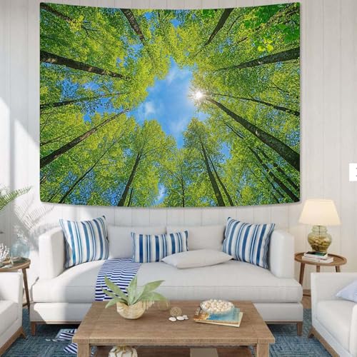 Nature Forest Tree Celling Tapestry Lush Green Treetops Sunlit Tapestry for Bedroom Aesthetic Sky Sunlight Canopy Leaves Landscape Tapestries Wall Hanging for Living Room Dorm Office 48 x 36 Inch
