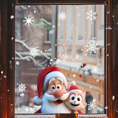Christmas Window Clings for Glass 1 Sheet Santa Window Decals with Cat Designs Window Stickers Cute Windows Cling for Winter Party Supplies Home School Office Glass Decorations