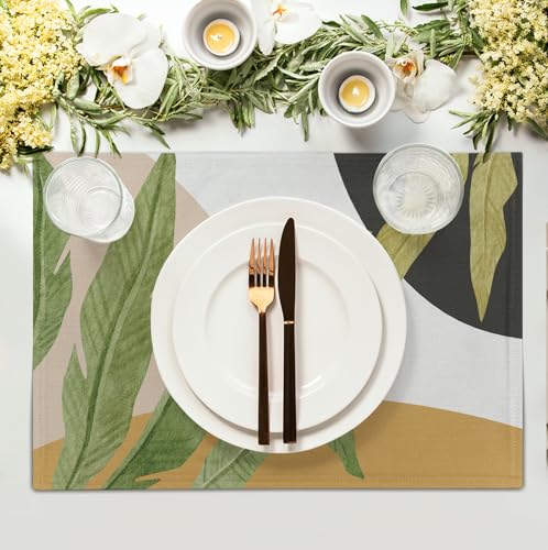 Tropical Palm Leaf Linen Placemats Set of 4 Summer Green Banana Leaves Themed Kitchen Place Mats Washable Non (4 Count)