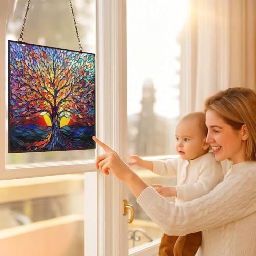 Rectangle Tree of Life Stained Glass Window Hanging