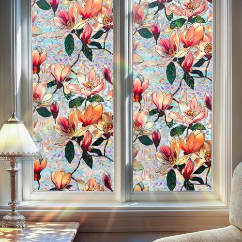 Window Privacy Film Decorative Stained Glass Window Film Rainbow Magnolia Floral Static Cling Non