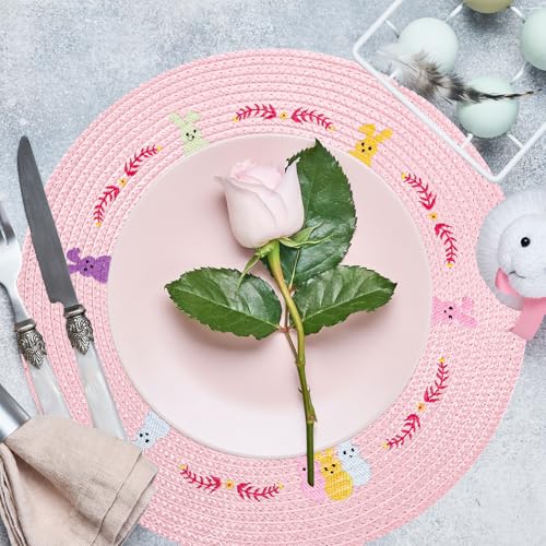 4Pcs Easter Bunny Round Placemats Pink Rabbit Embroidered Place Mats Spring Cute Kitchen Table Mats for Home Wedding Baby Shower Birthday Dinner Party Decor (4 Count)