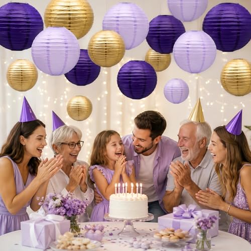 21 Pack Purple Gold Hanging Paper Lanterns Decorative (21 Count)