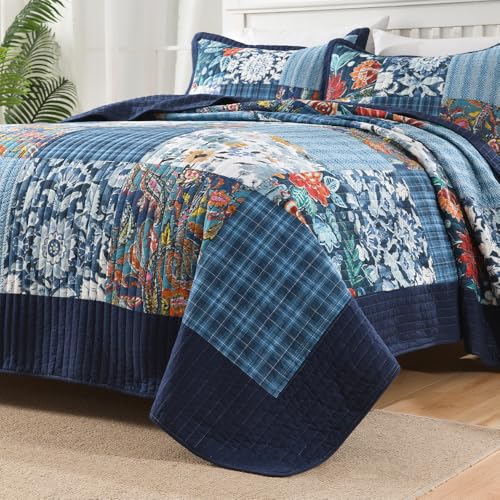 Cotton Bedspread Luxury Vintage Floral Patchwork Blue Bedding Quilt Set