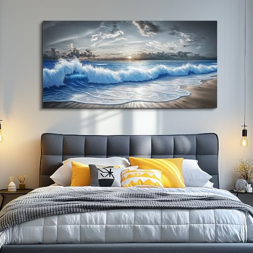 Large Canvas Wall Decor For Living Room Wall Art For Bedroom Office Dining room Decor Modern Black White And Blue Ocean Wave Painting Printed Artworks Wall Pictures Home Decor 24"X48"