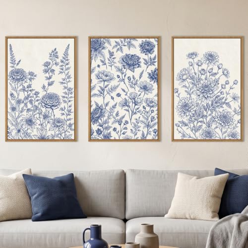 Blue White Chinoiserie Floral Framed Canvas Wall Art