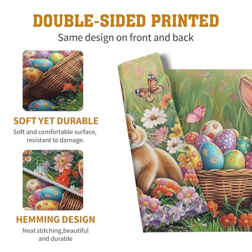 Easter Bunny Placemats Set of 4 Easter Colorful Eggs Floral Linen Fabric Table Mats Spring Farmhouse Seasonal Table Place Mats for Outdoor Indoor Home Party 12x18 Inch (4 Count)