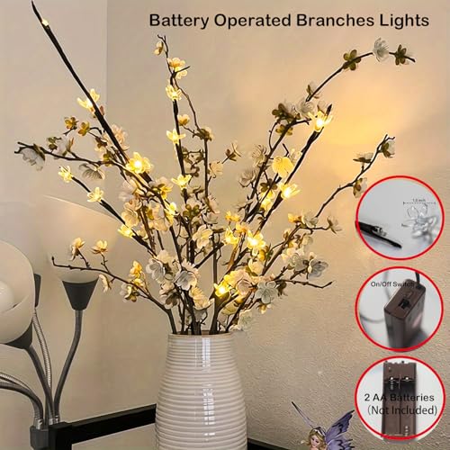60 LED Battery Lit Stems Flowers Butterfly Branch for Window Vase Decor