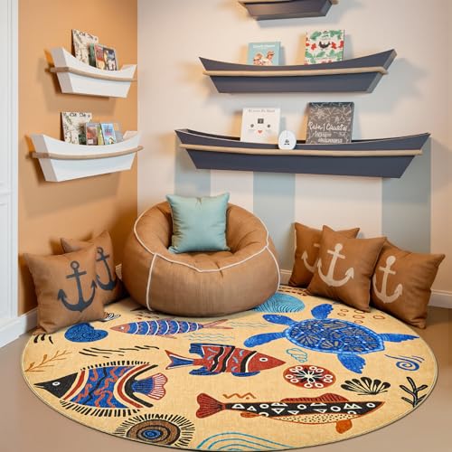 4ft Coastal Round Rug Washable Kids Rug Colorful Ocean Fish Mat Tan (12.57 Sq Ft)