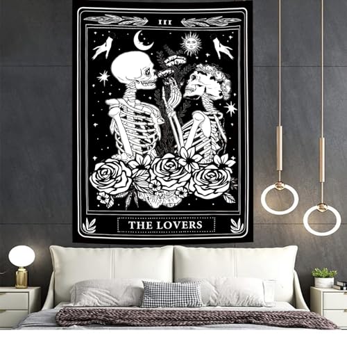 The Lovers Skull Tapestry Gothic Tapestry Vertical Black and White Skeleton Gothic Witch Sun Moon Floral Plant Snake Tapestries Wall Hanging Decor for Bedroom Dorm Room 70 x 90 Inches