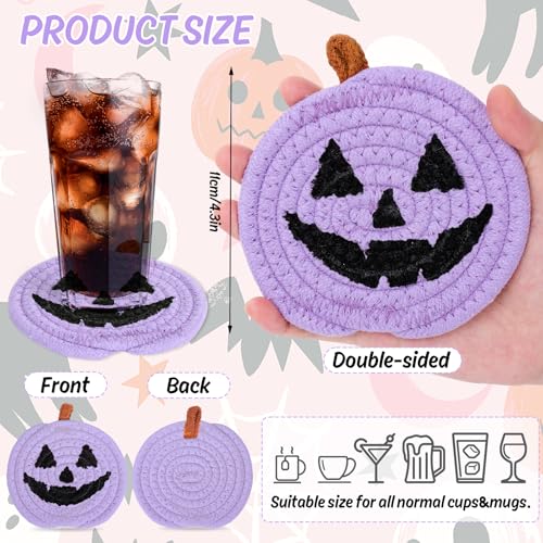 Halloween Pumpkin Cotton Coasters Colored Pumpkin Face Handmade Braided Drink Coasters Pink Purple Orange Absorbent Cup Mats for Trick or Treat Party Home Table Decor (4 Count)