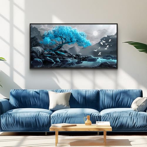 Large Black Framed Wall Decor For Living Room Canvas Wall Art For Office Modern Wall Decorations For Bedroom Blue Tree Landscape Painting Farmhouse Pictures Artwork Home Decor 24x48 In