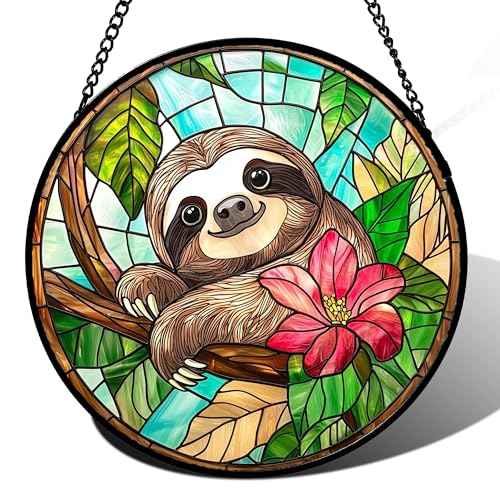 Stained Glass Window Hanging Sloth Flower Suncatcher Gifts for Women 12"