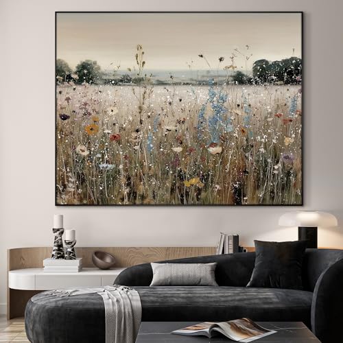 60"x72" Extra Large Framed Wall Art Wildflower Meadow Landscape Soft Pastel Field Illustration for Home Living Room Bedroom Decor