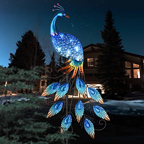 Solar Metal Glass Peacock Stake Light Gift 40"