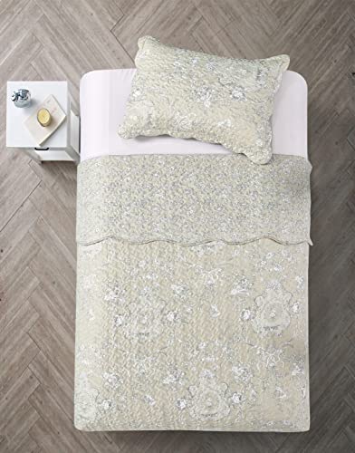 Classic Grey Floral Toile in Beige Hues Quilt Set (2 Count)