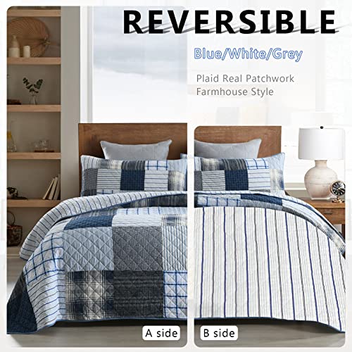 King Quilt Set Bedspread Reversible Plaid Grid Quilted Bedspread 3