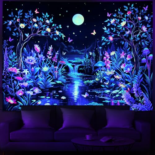 Blacklight Fantasy Forest Tree Tapestry UV Reactive Floral Plant Tapestries Trippy Moon Butterfly Wall Art Decor Nature Landscape Wall Hanging for Bedroom