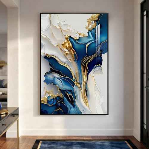 Extra Large Framed Blue White and Gold Abstract Wall Art