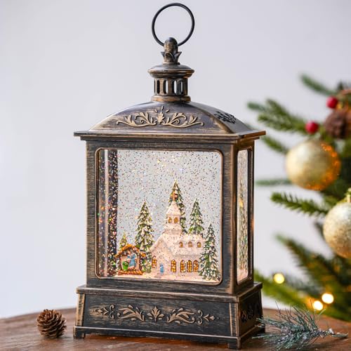 Christmas Snow Globe Lantern Water Glittering Churche & Manger Scene with Music & Timer