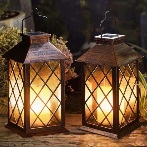 2 Pack] TAKE ME 14" Solar Lantern Outdoor Garden Hanging Lantern Waterproof LED Flickering Flameless Candle Mission Lights for Table (2 Count)