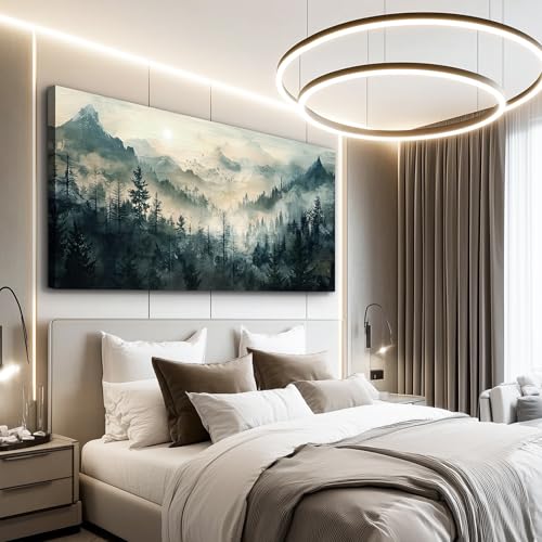 Misty Forest Wall Art Home Decor Mountain View Large Canvas Wall Painting Nature Landscape Painting For Living Room Bedroom Office Modern Printed Artwork Can Be Hung Directly 24x48 Inches