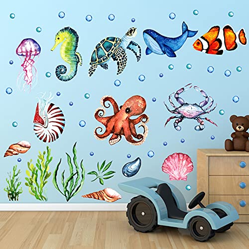 52 Pcs Ocean Fish Wall Decals Glow in The Dark Under The Sea Wall Decals Sea Life Animals Stickers Removable Waterproof Peel and Stick Decal for Girl Boy Kids Bedroom Nursery Bathroom (4 Count)