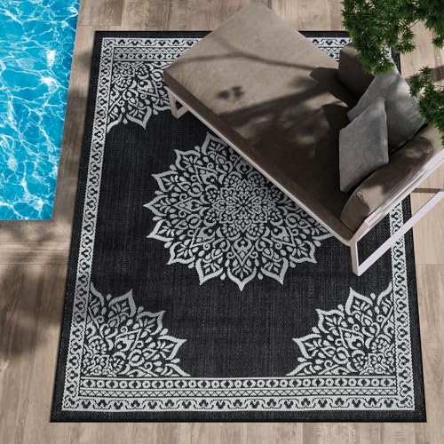Outdoor Rug 9x12 Medallion Black White Modern Area Rugs for Large Indoor and Outdoor Patios