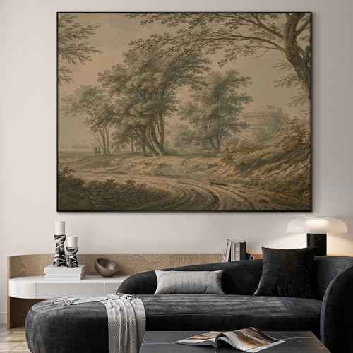 60"x72" Extra Large Framed Wall Art Antique Sepia Landscape with Trees and Historic Architecture for Home Living Room Bedroom Decor