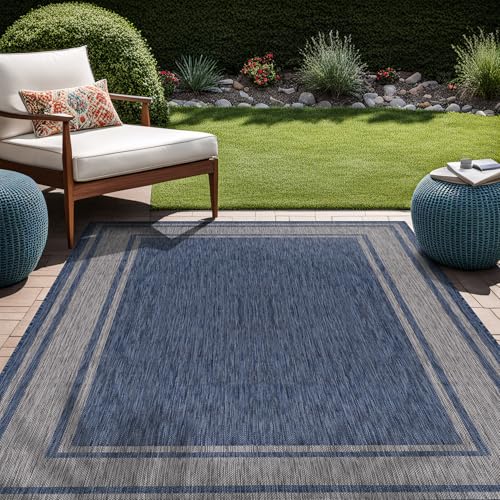 Large Outdoor Rug 9x12 Modern Bordered Area Rugs for Indoor and Outdoor Patio Deck Porch Garden Waterproof Weather Sun Resistant Washable Outside Carpet (108 Sq Ft)