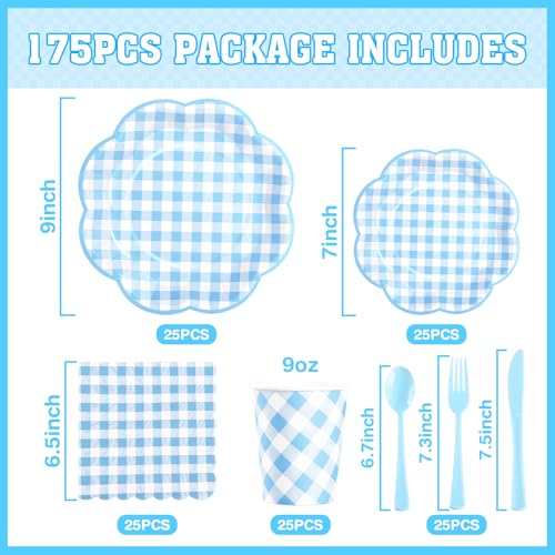 175 Pcs Blue Gingham Plates and Napkins Party Supplies