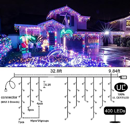 33FT Icicle Lights for Outside 400 LED Multicolor Christmas Lights