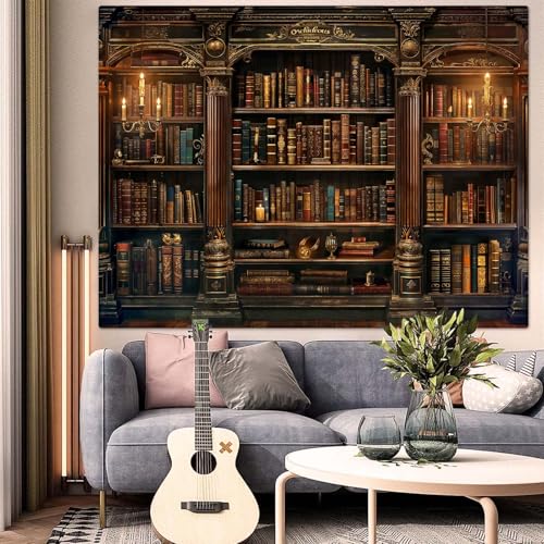 Vintage Bookshelf Tapestry Medieval Art Book Tapestries Wall Hanging Gothic Dark Academia Retro Library Backdrop Tapestry for Bedroom Living Room Dorm Study Classroom 90× 68 inch