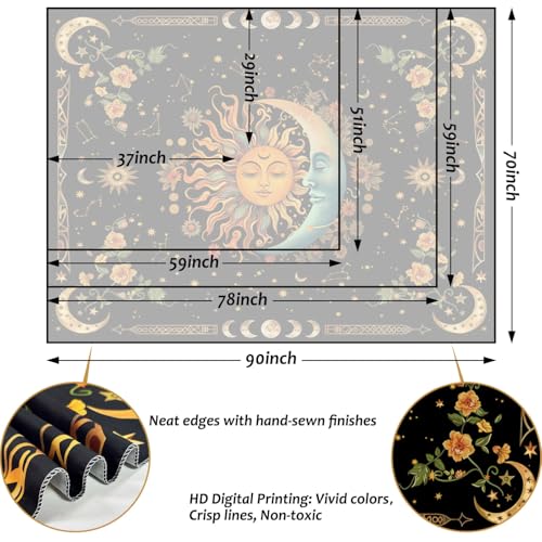 Sun and Moon Tapestry Astrology Space Wall Hanging Boho Hippie Floral Plant Tapestries Aesthetic Vintage Mandala Flower Decor for Living Room Bedroom