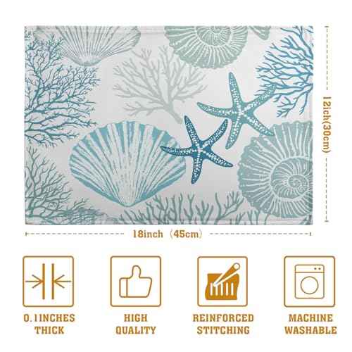 Nautical Coastal Blue Placemats Set of 4 Summer Teal Turquoise Beach Theme Linen Table Mats Ocean Coral Seashell Starfish Decorative Place Mats for Party Kitchen Dining Outdoor Indoor Decor