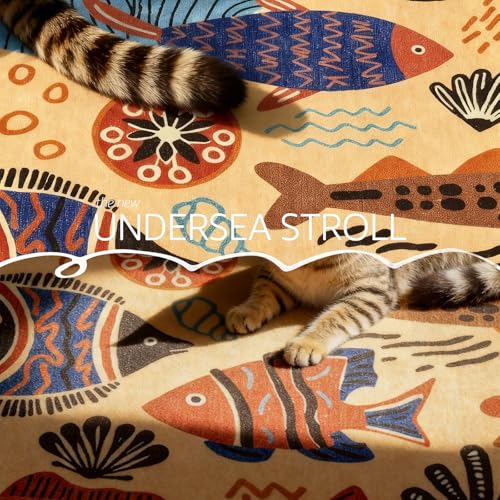 4ft Coastal Round Rug Washable Kids Rug Colorful Ocean Fish Mat Tan (12.57 Sq Ft)