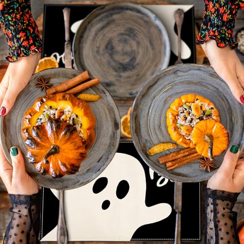 Halloween Ghost Placemats Black Cute Ghost Boo Table Mats 12 x 18 Inch Trick or Treat Kitchen Place Mats for Party Home Dining Table Decoration (4 Count)