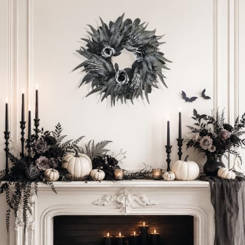 24 Inch Black and Silver Rose Halloween Wreath with 3 Skeleton Hands