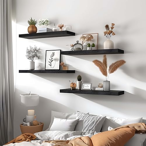 Black Wood Floating Shelves for Wall Rustic Wall Shelves for Bedroom Set of 6 (6 Count)