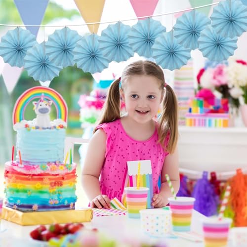 Light Blue Party Decorations Baby Blue Hanging Paper Fans DIY Set 8in