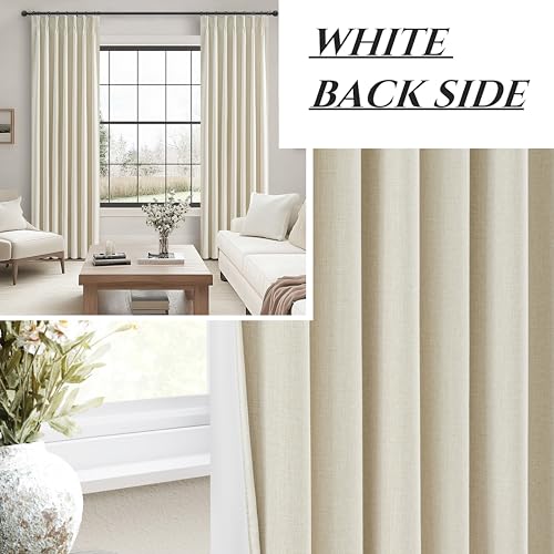 Pinch Pleat Cream Linen 102 Inch Long Curtains for Dining Room 2 Panels Set