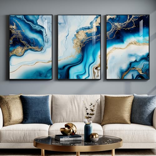 Large Framed Blue and Gold Abstract Wall Art for Living Room (3 Count)