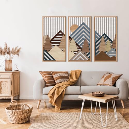 Large Mountain Wood Wall Art 16"x32"x3 Abstract Forest Wall Sculpture Geometric Boho Sunset Wilderness Artwork for Bedroom Living Room Office