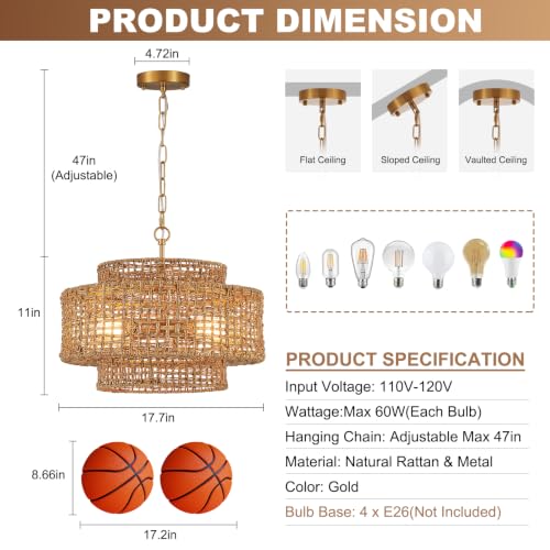 17.7" Gold Rattan Chandelier Light Fixture